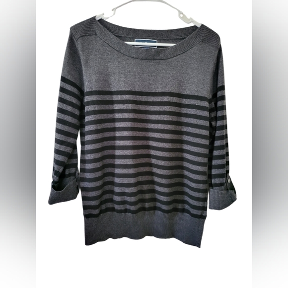 Sweaters - Karen Scott Black and Dark gray striped Boat neck ¾ sleeve Sweater. Misses L